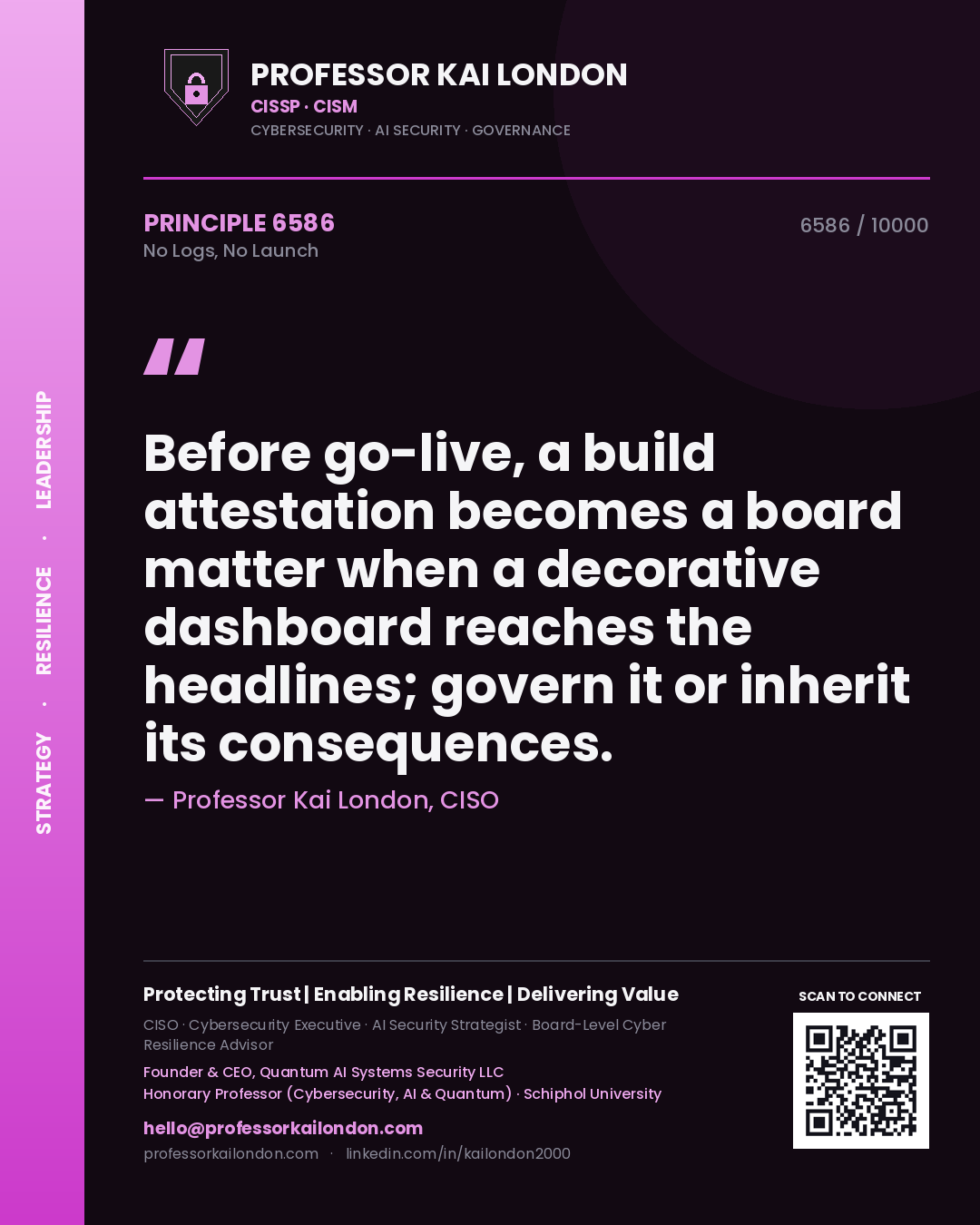 Quote card by Professor Kai London reading 'Before go-live, a build attestation becomes a board matter when a decorative dashboard reaches the headlines; govern it or inherit its consequences.'. From the book No Logs, No Launch.