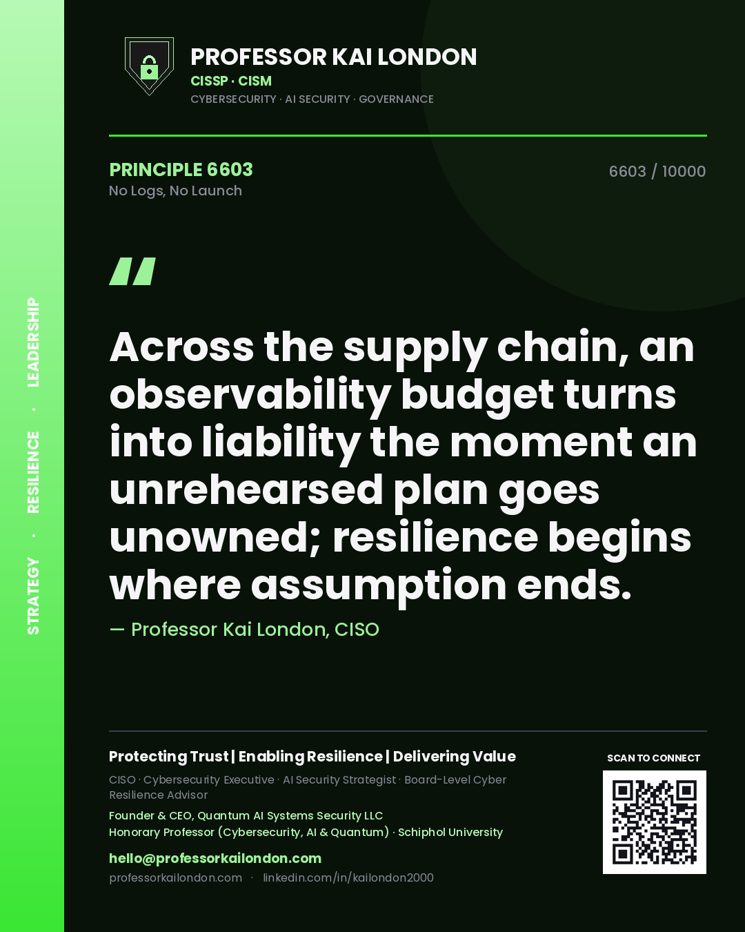 Quote card by Professor Kai London reading 'Across the supply chain, an observability budget turns into liability the moment an unrehearsed plan goes unowned; resilience begins where assumption ends.'. From the book No Logs, No Launch.