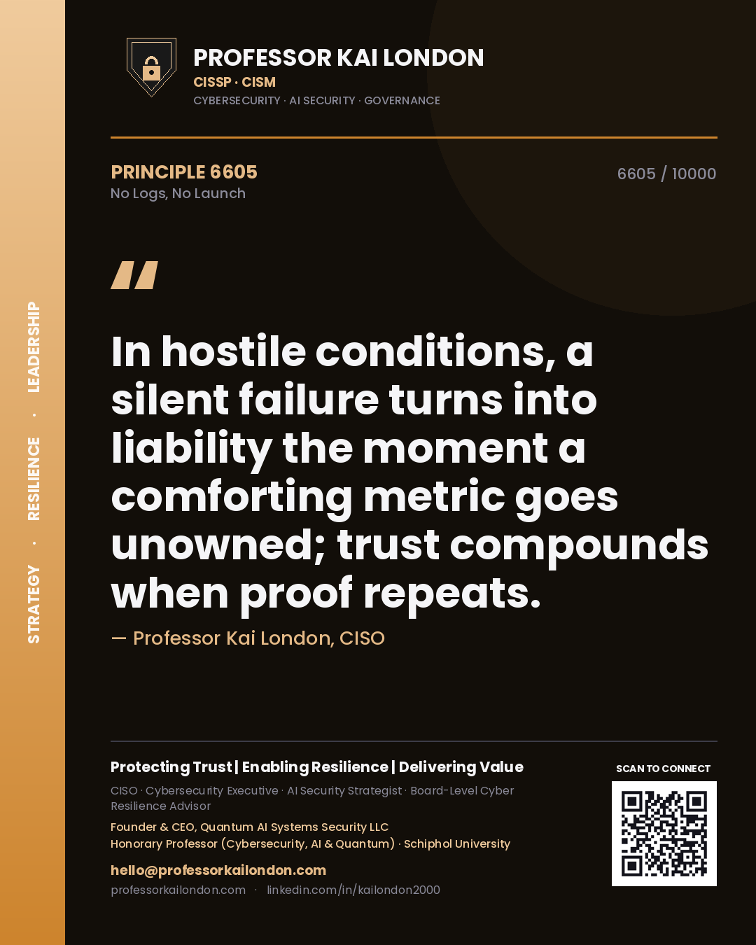 Professor Kai London principle 6605: In hostile conditions, a silent failure turns into liability the moment a comforting metric goes unowned; trust compounds when proof repeats.
