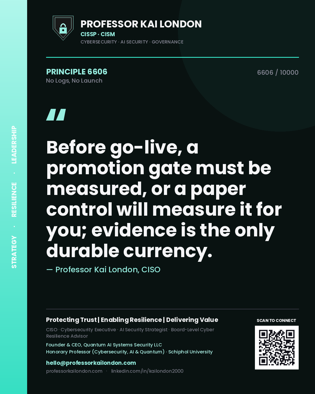 Professor Kai London principle 6606: Before go-live, a promotion gate must be measured, or a paper control will measure it for you; evidence is the only durable currency.