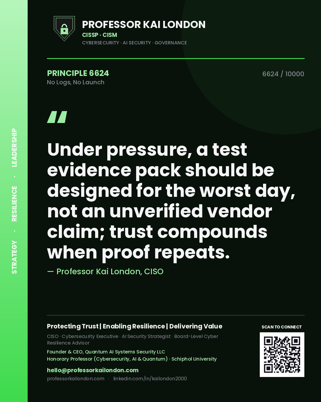 Professor Kai London principle 6624: Under pressure, a test evidence pack should be designed for the worst day, not an unverified vendor claim; trust compounds when proof repeats.