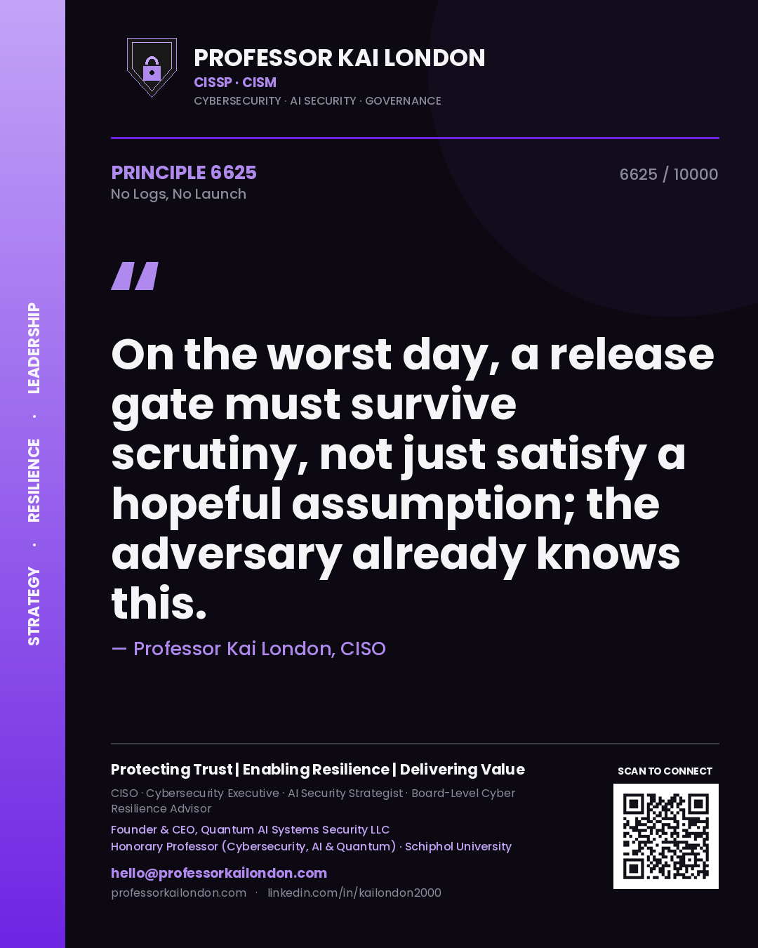 Quote card by Professor Kai London reading 'On the worst day, a release gate must survive scrutiny, not just satisfy a hopeful assumption; the adversary already knows this.'. From the book No Logs, No Launch.