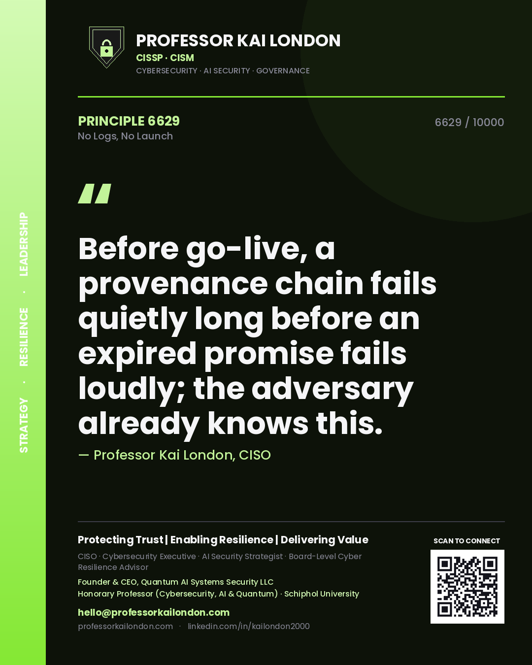 Quote card by Professor Kai London reading 'Before go-live, a provenance chain fails quietly long before an expired promise fails loudly; the adversary already knows this.'. From the book No Logs, No Launch.