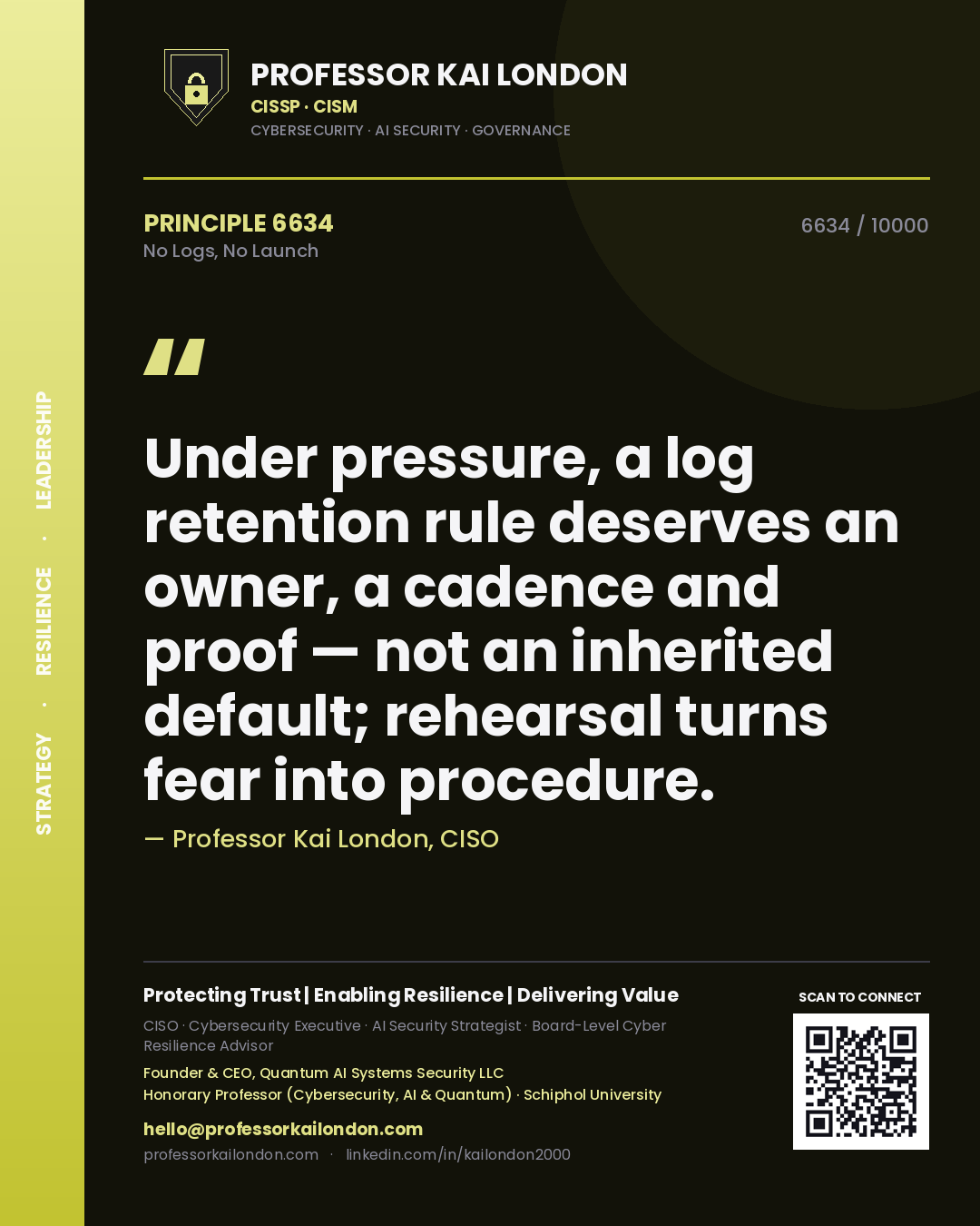 Professor Kai London principle 6634: Under pressure, a log retention rule deserves an owner, a cadence and proof — not an inherited default; rehearsal turns fear into procedure.