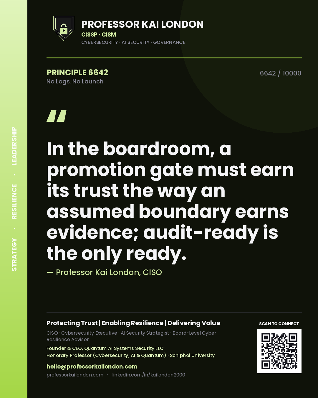 Professor Kai London principle 6642: In the boardroom, a promotion gate must earn its trust the way an assumed boundary earns evidence; audit-ready is the only ready.