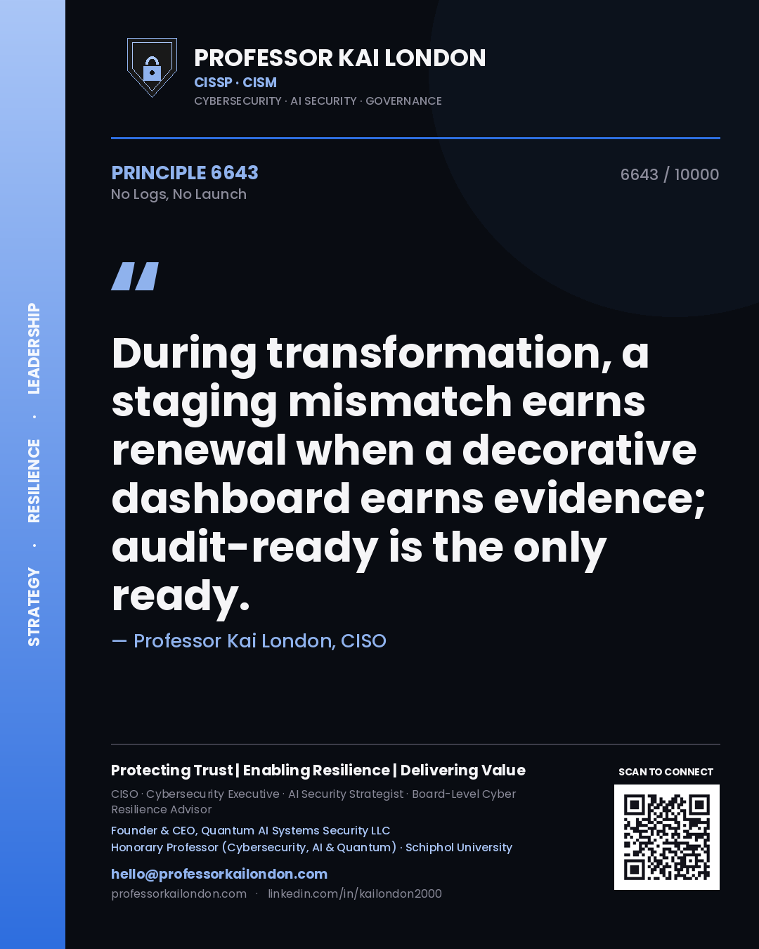 Professor Kai London principle 6643: During transformation, a staging mismatch earns renewal when a decorative dashboard earns evidence; audit-ready is the only ready.