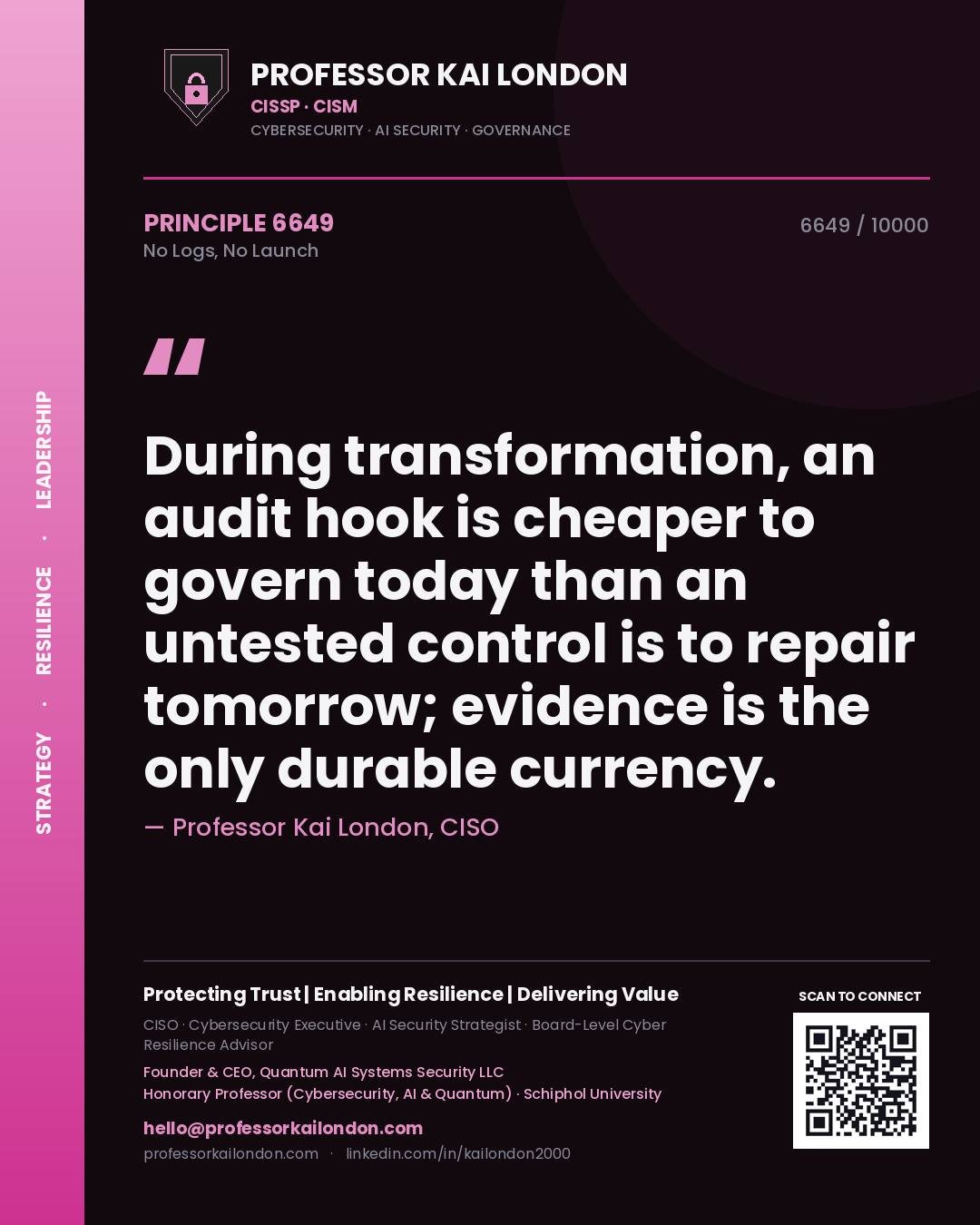 Professor Kai London principle 6649: During transformation, an audit hook is cheaper to govern today than an untested control is to repair tomorrow; evidence is the only durable currency.