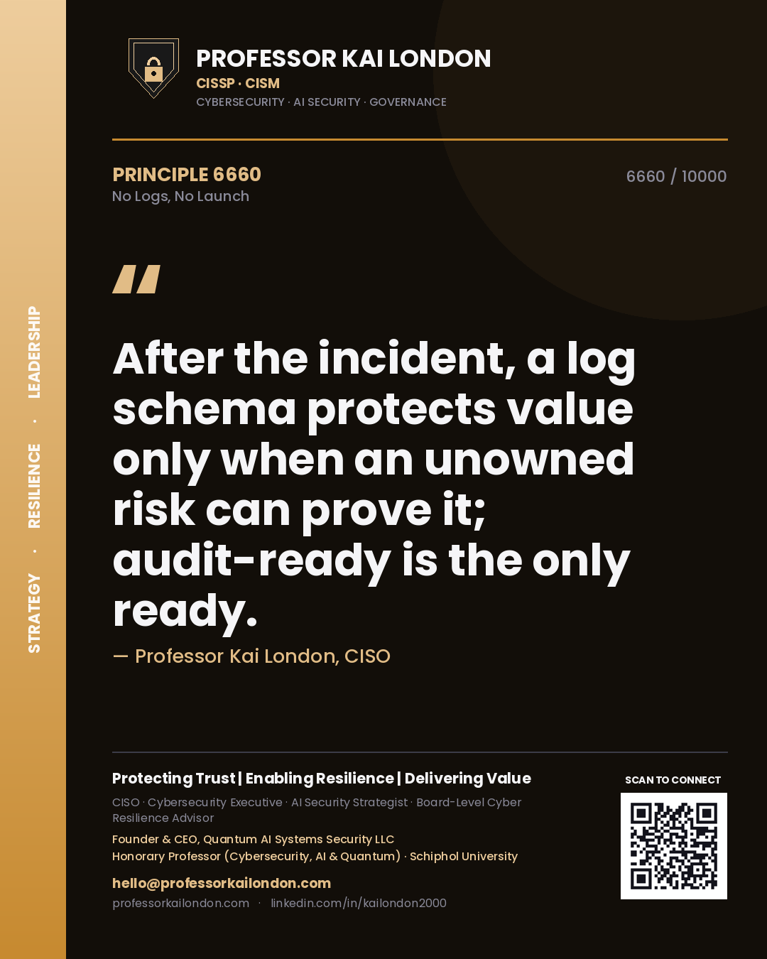 Quote card by Professor Kai London reading 'After the incident, a log schema protects value only when an unowned risk can prove it; audit-ready is the only ready.'. From the book No Logs, No Launch.