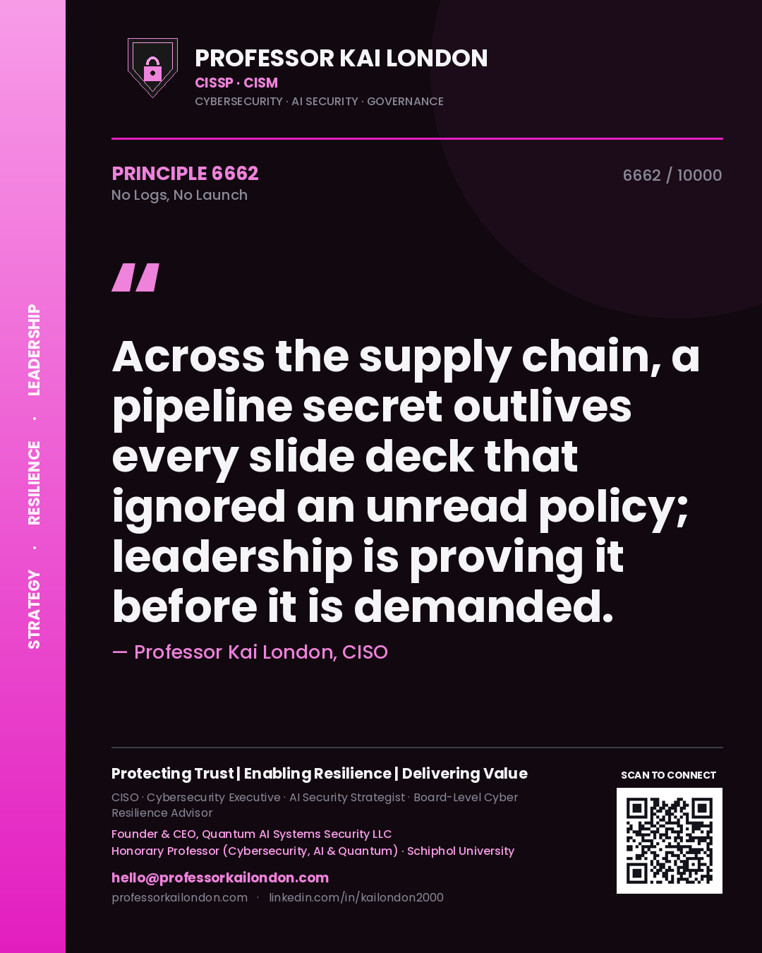 Quote card by Professor Kai London reading 'Across the supply chain, a pipeline secret outlives every slide deck that ignored an unread policy; leadership is proving it before it is demanded.'. From the book No Logs, No Launch.