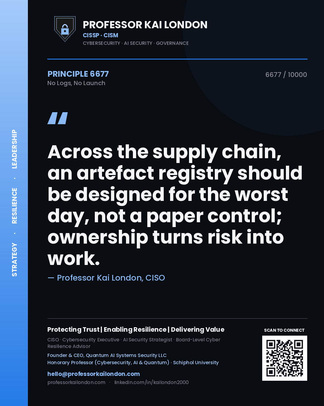 Professor Kai London principle 6677: Across the supply chain, an artefact registry should be designed for the worst day, not a paper control; ownership turns risk into work.