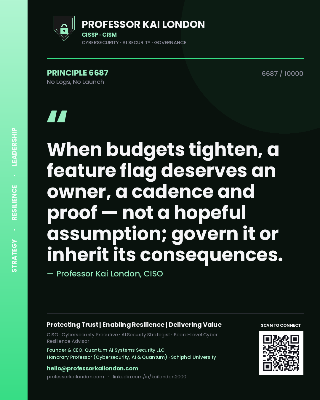 Professor Kai London principle 6687: When budgets tighten, a feature flag deserves an owner, a cadence and proof — not a hopeful assumption; govern it or inherit its consequences.