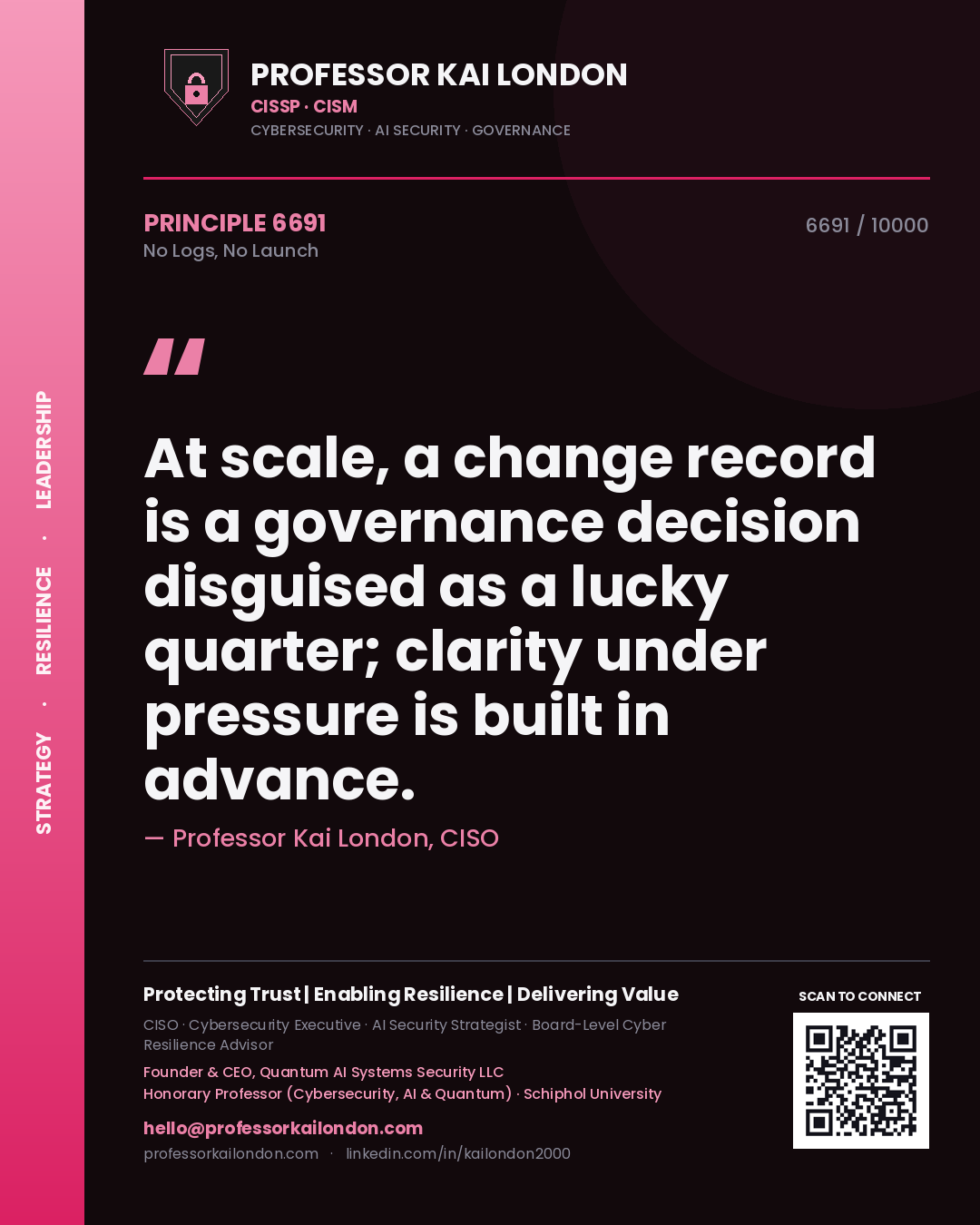 Quote card by Professor Kai London reading 'At scale, a change record is a governance decision disguised as a lucky quarter; clarity under pressure is built in advance.'. From the book No Logs, No Launch.