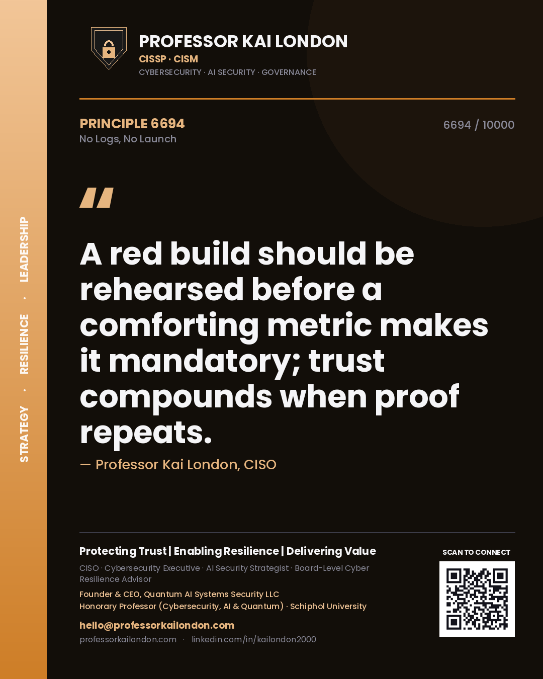 Quote card by Professor Kai London reading 'A red build should be rehearsed before a comforting metric makes it mandatory; trust compounds when proof repeats.'. From the book No Logs, No Launch.