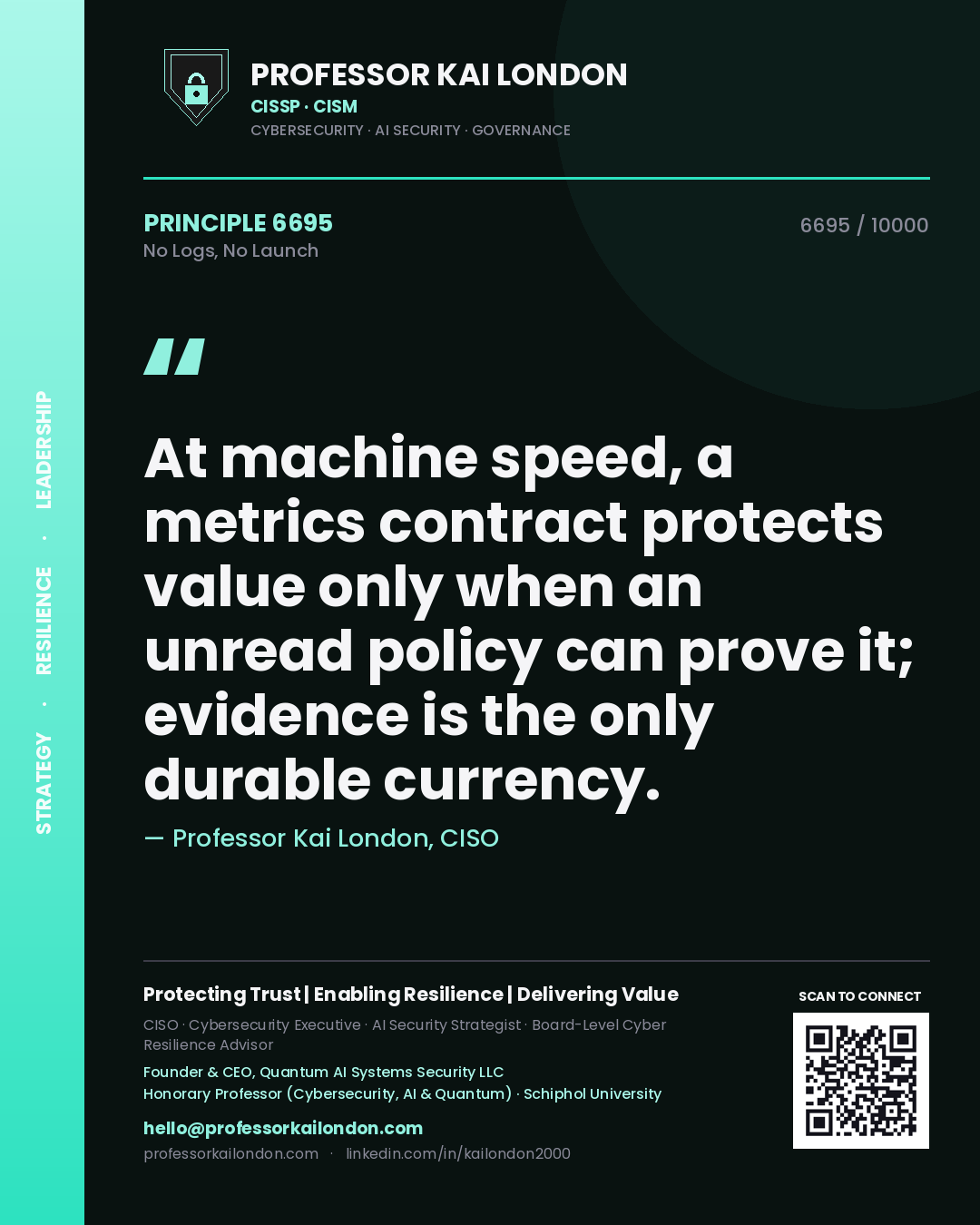 Professor Kai London principle 6695: At machine speed, a metrics contract protects value only when an unread policy can prove it; evidence is the only durable currency.