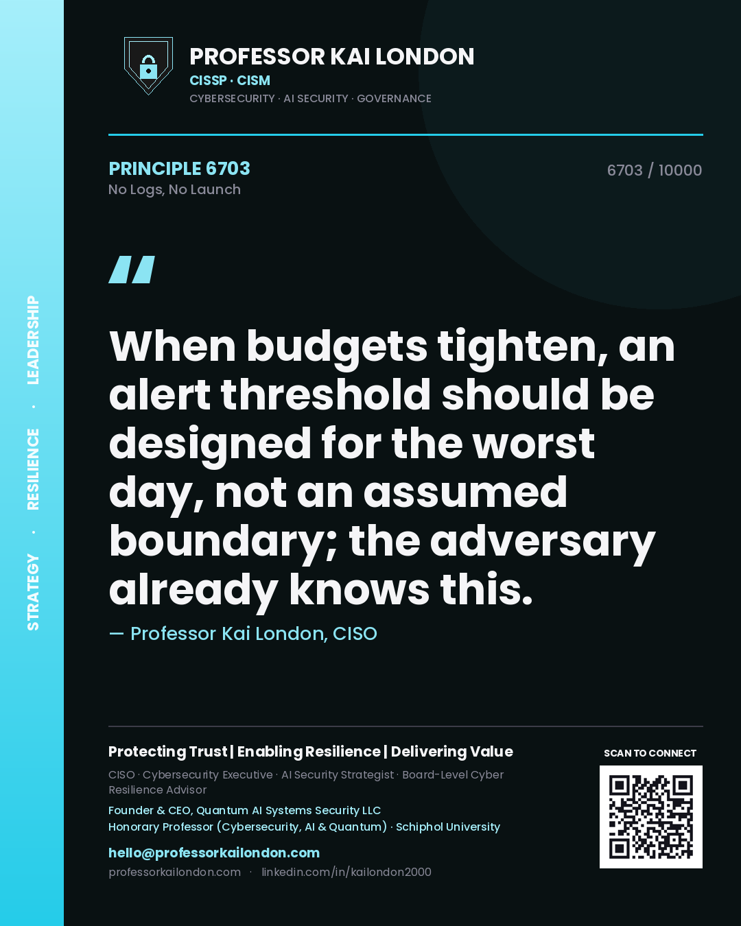 Professor Kai London principle 6703: When budgets tighten, an alert threshold should be designed for the worst day, not an assumed boundary; the adversary already knows this.