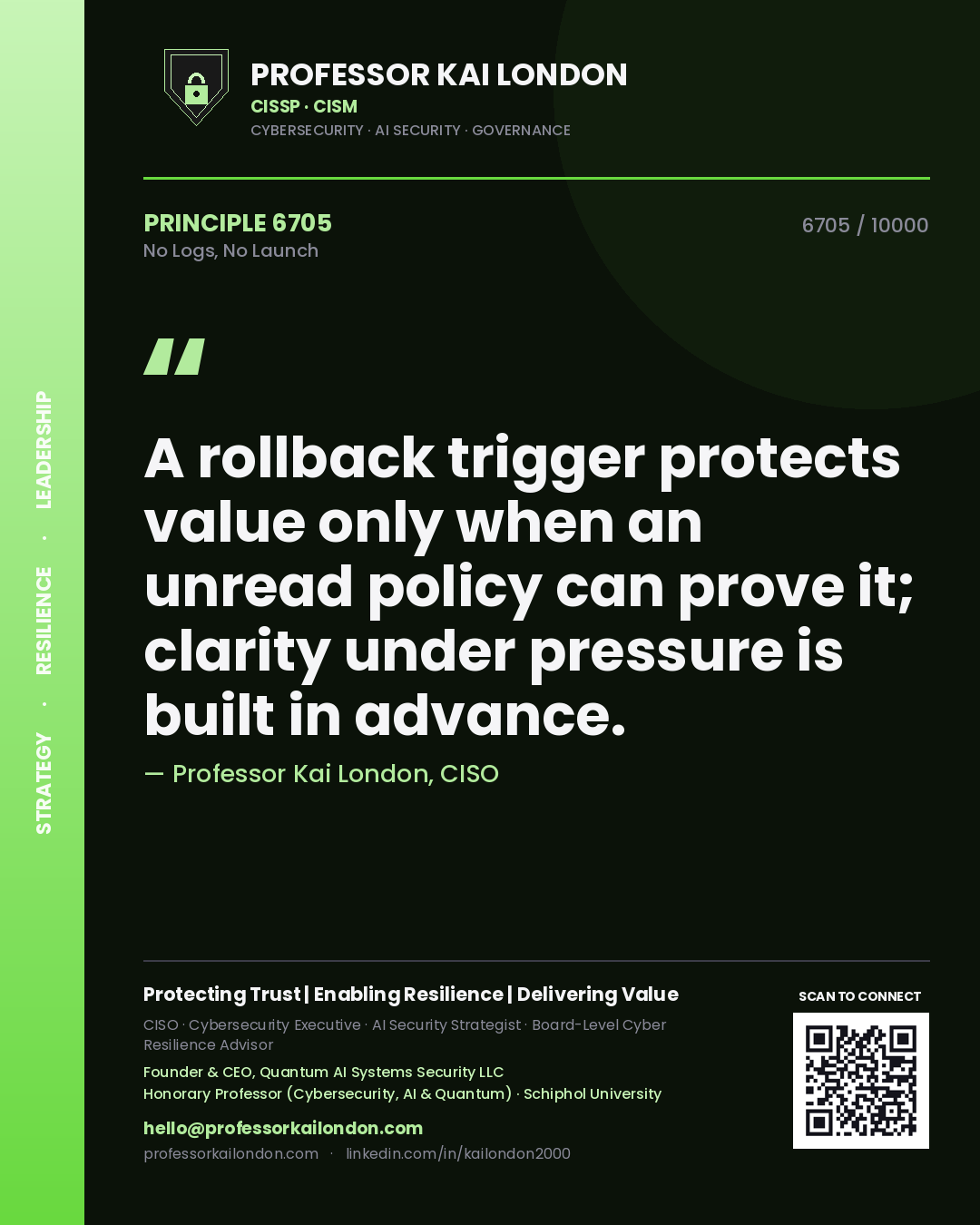 Professor Kai London principle 6705: A rollback trigger protects value only when an unread policy can prove it; clarity under pressure is built in advance.