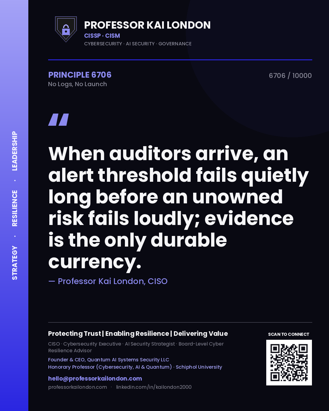 Quote card by Professor Kai London reading 'When auditors arrive, an alert threshold fails quietly long before an unowned risk fails loudly; evidence is the only durable currency.'. From the book No Logs, No Launch.