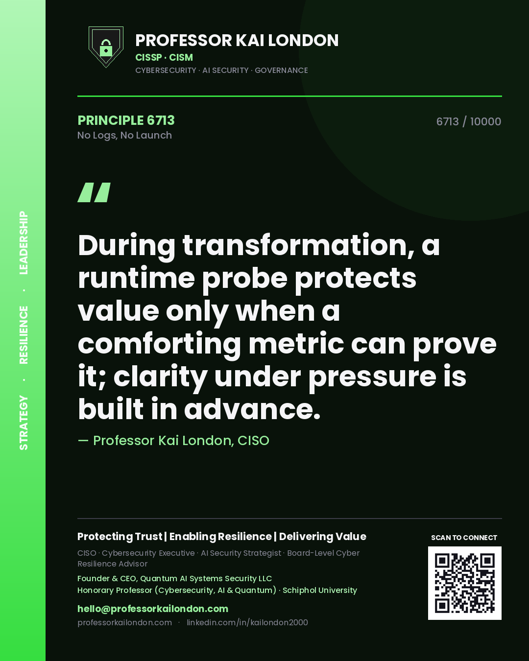 Quote card by Professor Kai London reading 'During transformation, a runtime probe protects value only when a comforting metric can prove it; clarity under pressure is built in advance.'. From the book No Logs, No Launch.