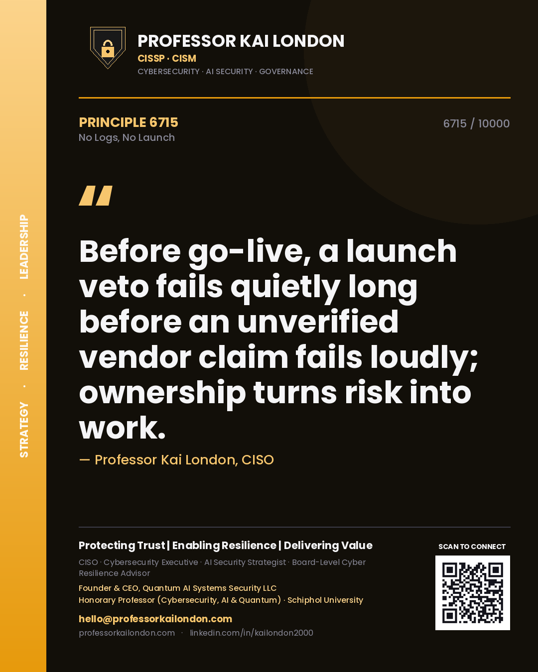 Professor Kai London principle 6715: Before go-live, a launch veto fails quietly long before an unverified vendor claim fails loudly; ownership turns risk into work.