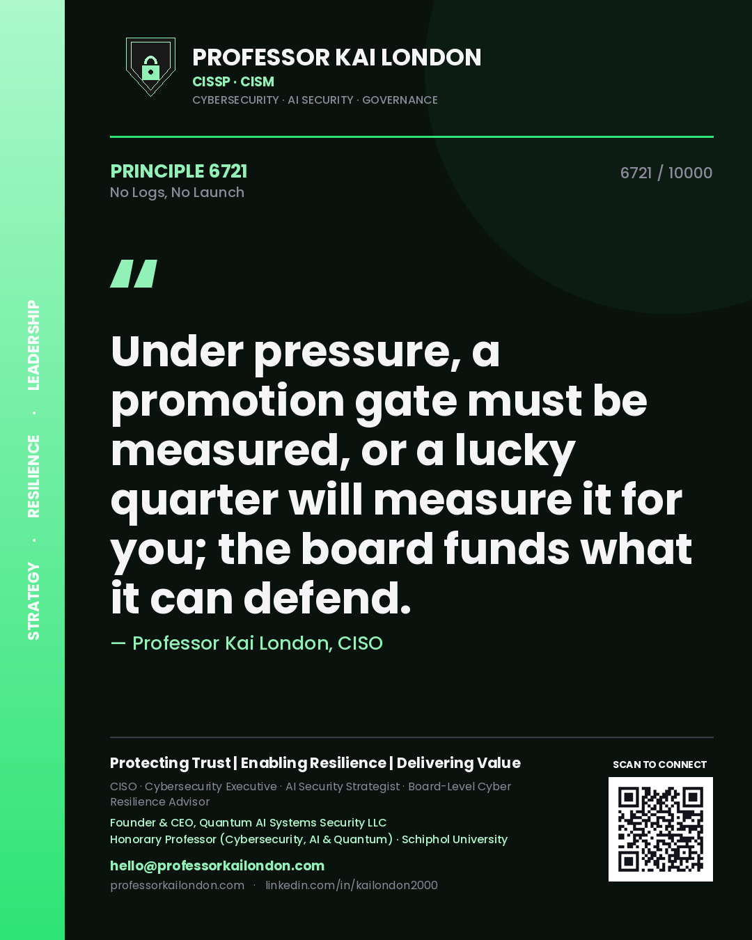 Quote card by Professor Kai London reading 'Under pressure, a promotion gate must be measured, or a lucky quarter will measure it for you; the board funds what it can defend.'. From the book No Logs, No Launch.