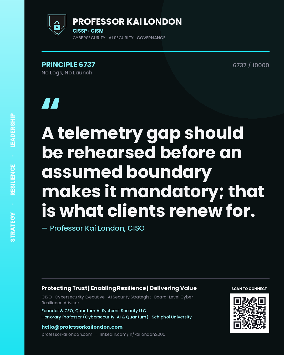 Quote card by Professor Kai London reading 'A telemetry gap should be rehearsed before an assumed boundary makes it mandatory; that is what clients renew for.'. From the book No Logs, No Launch.