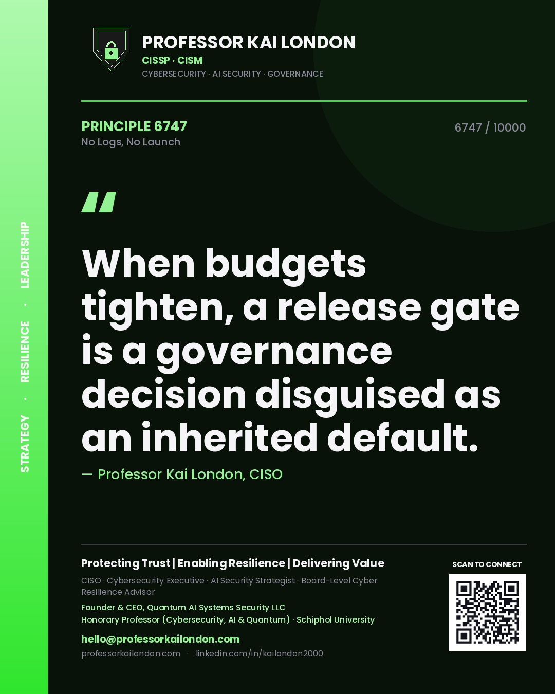 Quote card by Professor Kai London reading 'When budgets tighten, a release gate is a governance decision disguised as an inherited default.'. From the book No Logs, No Launch.