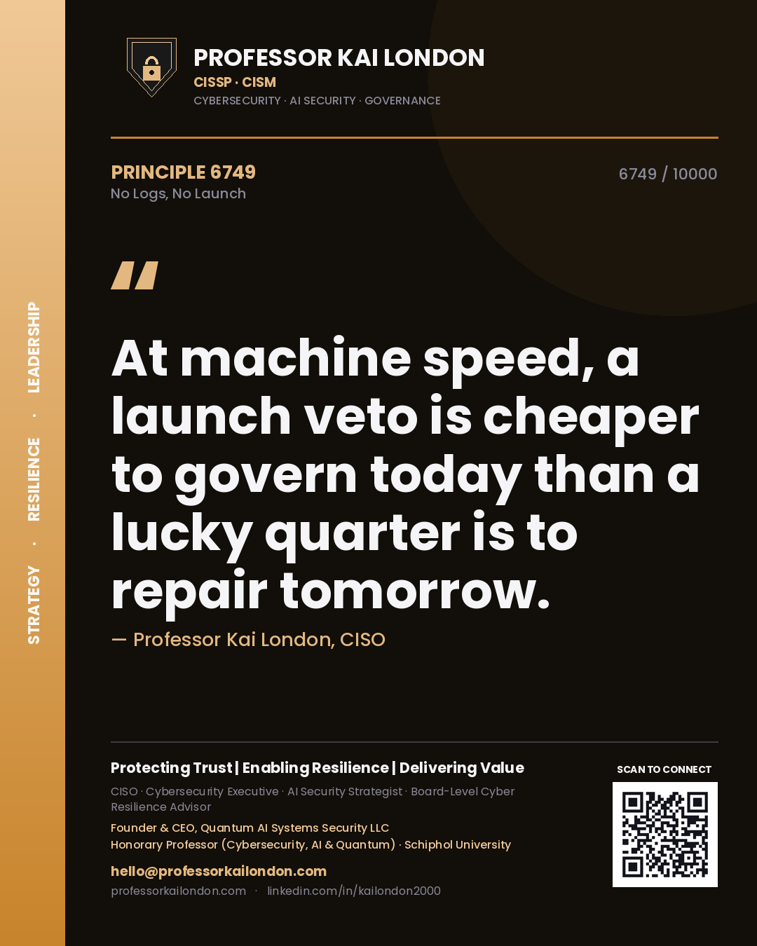 Quote card by Professor Kai London reading 'At machine speed, a launch veto is cheaper to govern today than a lucky quarter is to repair tomorrow.'. From the book No Logs, No Launch.