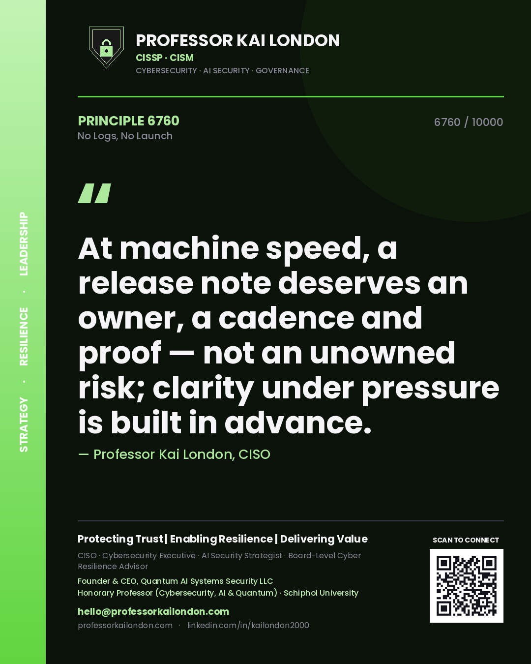 Professor Kai London principle 6760: At machine speed, a release note deserves an owner, a cadence and proof — not an unowned risk; clarity under pressure is built in advance.