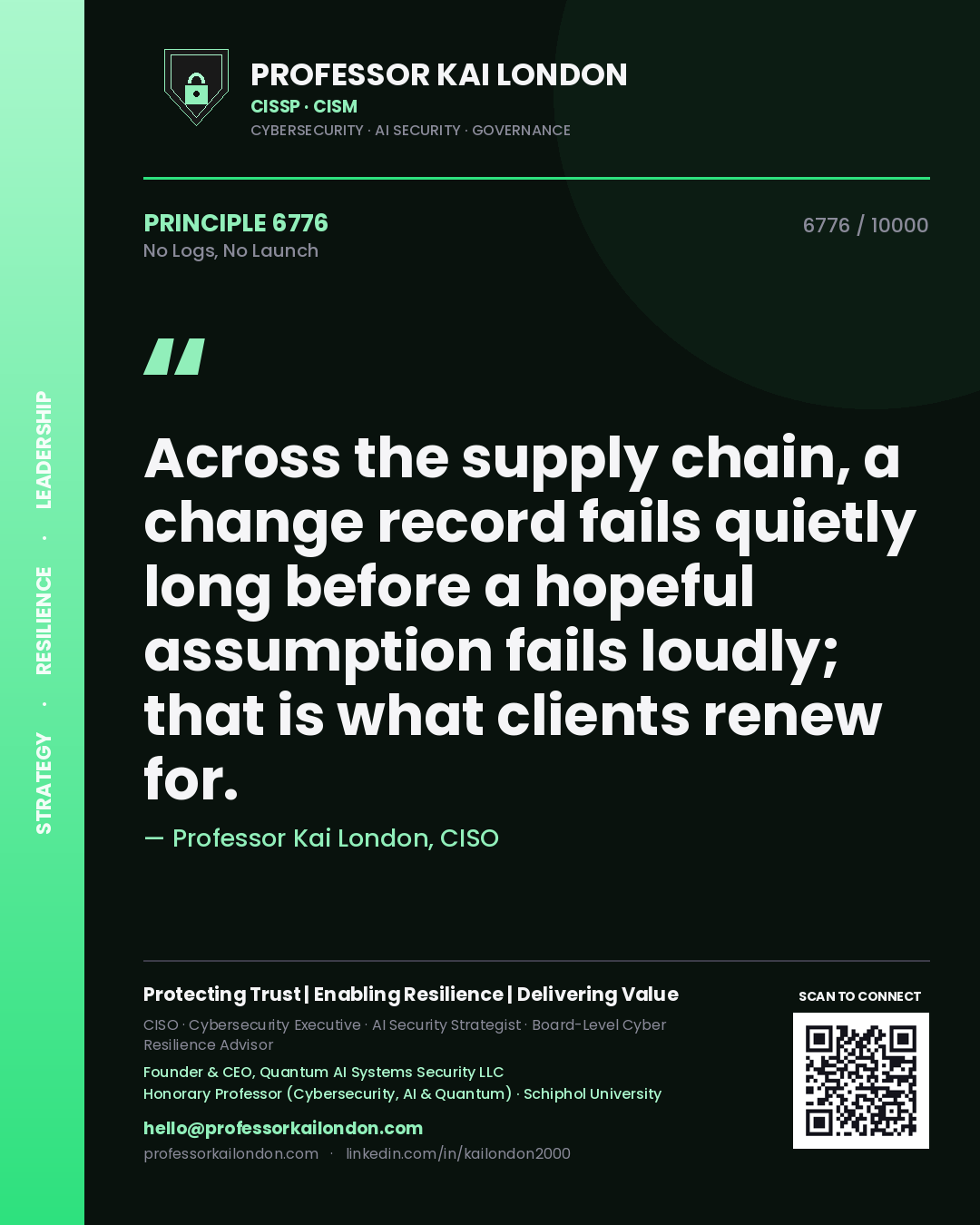 Professor Kai London principle 6776: Across the supply chain, a change record fails quietly long before a hopeful assumption fails loudly; that is what clients renew for.
