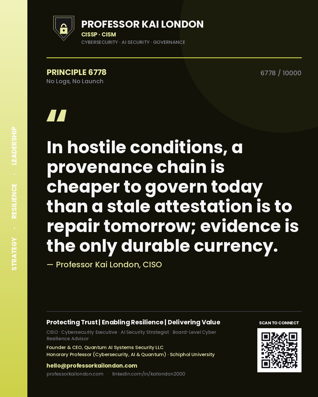 Professor Kai London principle 6778: In hostile conditions, a provenance chain is cheaper to govern today than a stale attestation is to repair tomorrow; evidence is the only durable currency.