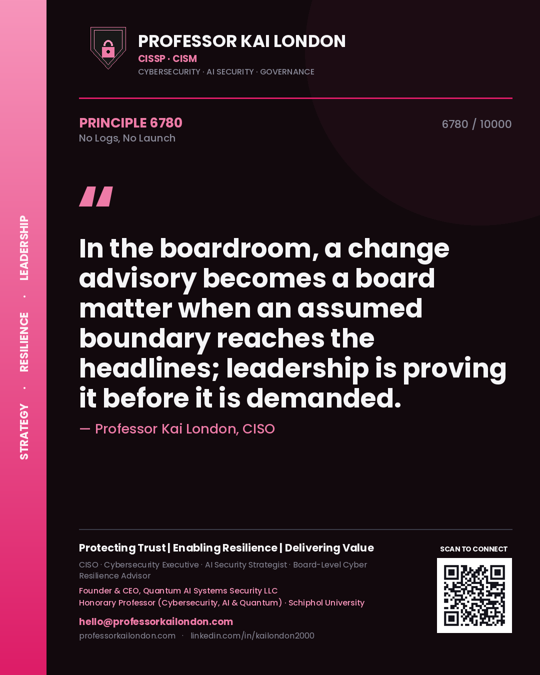 Professor Kai London principle 6780: In the boardroom, a change advisory becomes a board matter when an assumed boundary reaches the headlines; leadership is proving it before it is demanded.