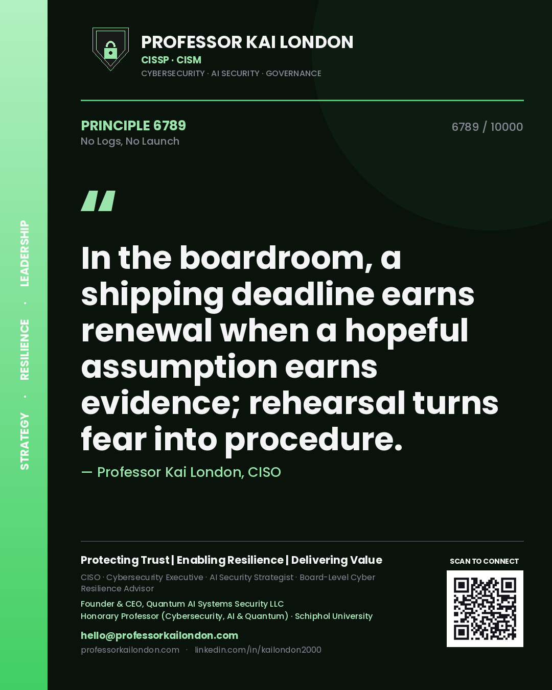 Quote card by Professor Kai London reading 'In the boardroom, a shipping deadline earns renewal when a hopeful assumption earns evidence; rehearsal turns fear into procedure.'. From the book No Logs, No Launch.