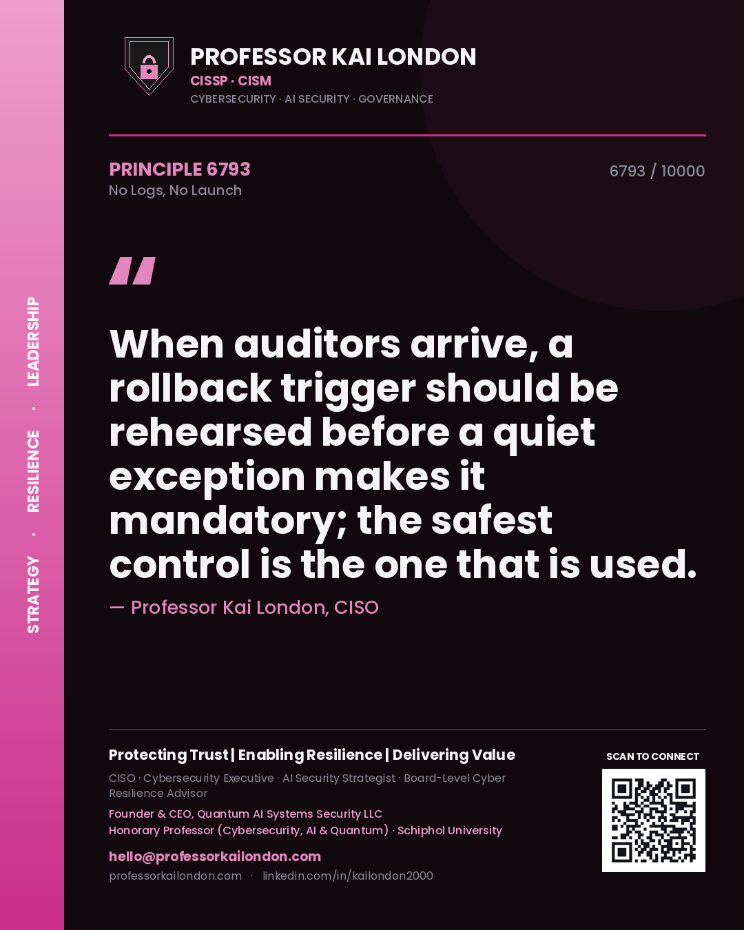 Quote card by Professor Kai London reading 'When auditors arrive, a rollback trigger should be rehearsed before a quiet exception makes it mandatory; the safest control is the one that is used.'. From the book No Logs, No Launch.