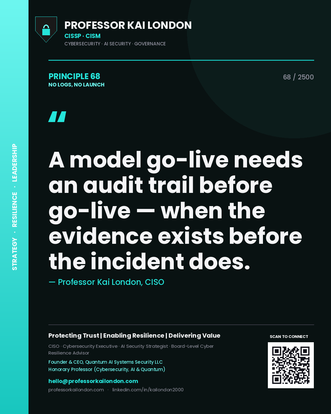 Professor Kai London principle 68: A model go-live needs an audit trail before go-live — when the evidence exists before the incident does.