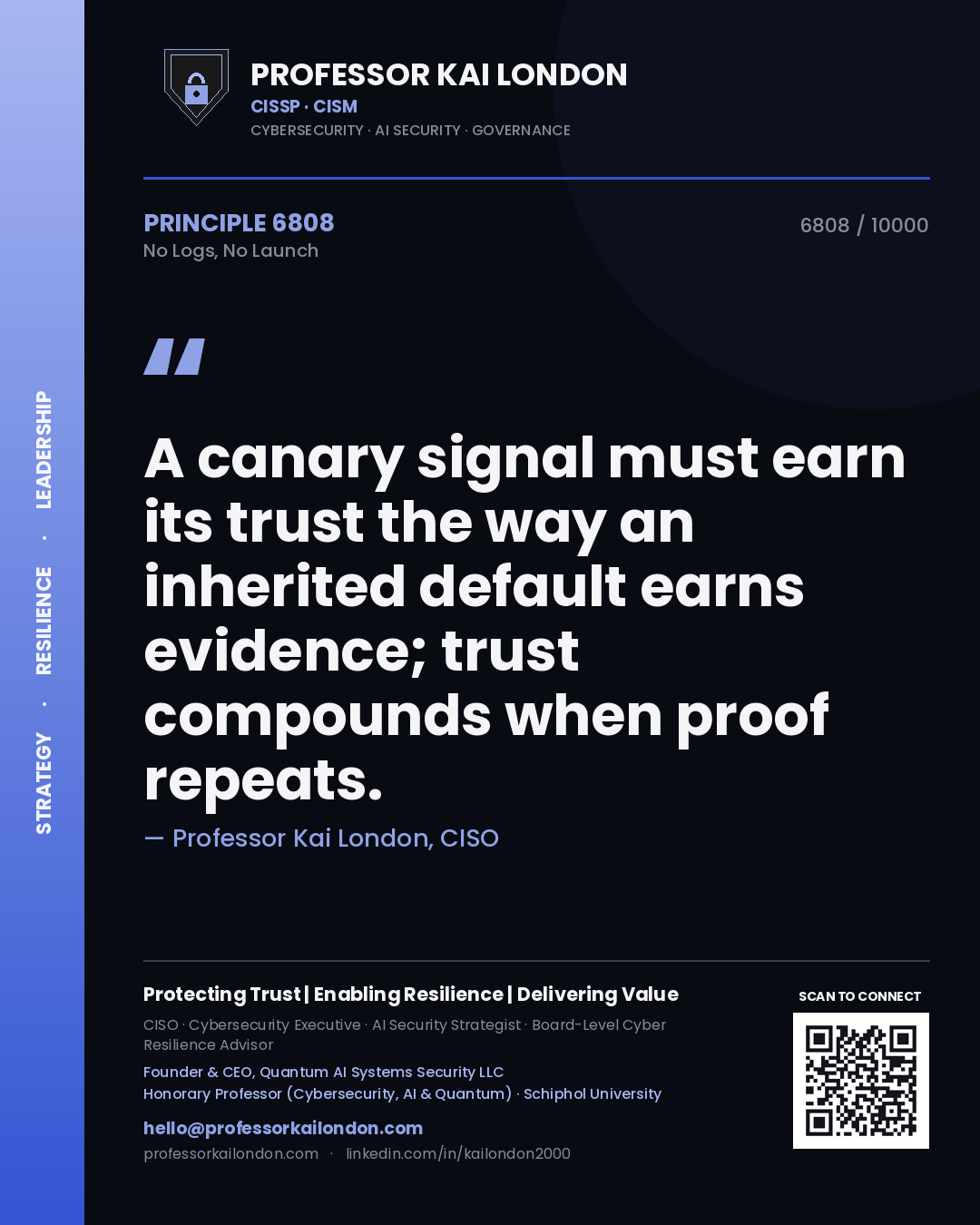 Quote card by Professor Kai London reading 'A canary signal must earn its trust the way an inherited default earns evidence; trust compounds when proof repeats.'. From the book No Logs, No Launch.