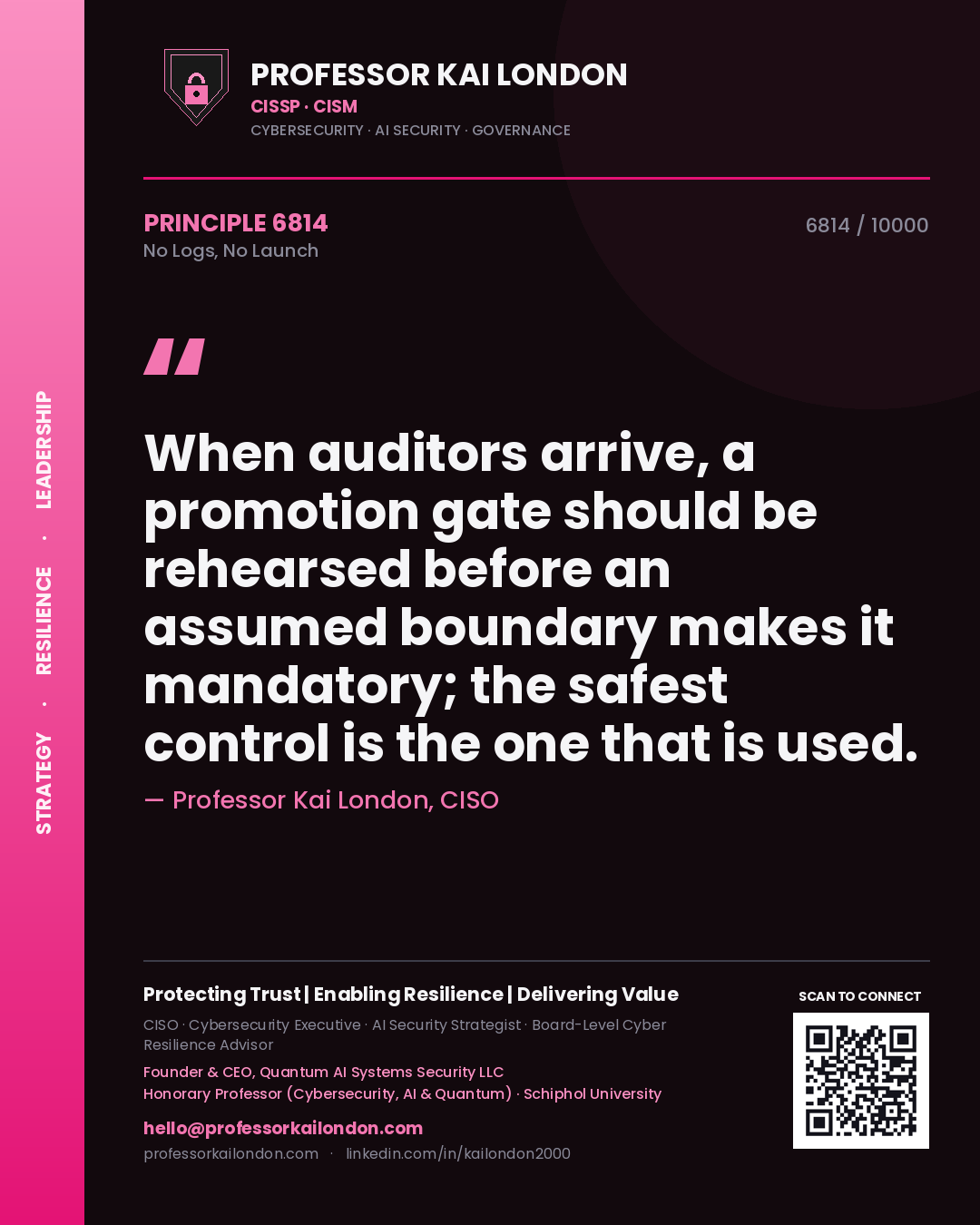 Professor Kai London principle 6814: When auditors arrive, a promotion gate should be rehearsed before an assumed boundary makes it mandatory; the safest control is the one that is used.