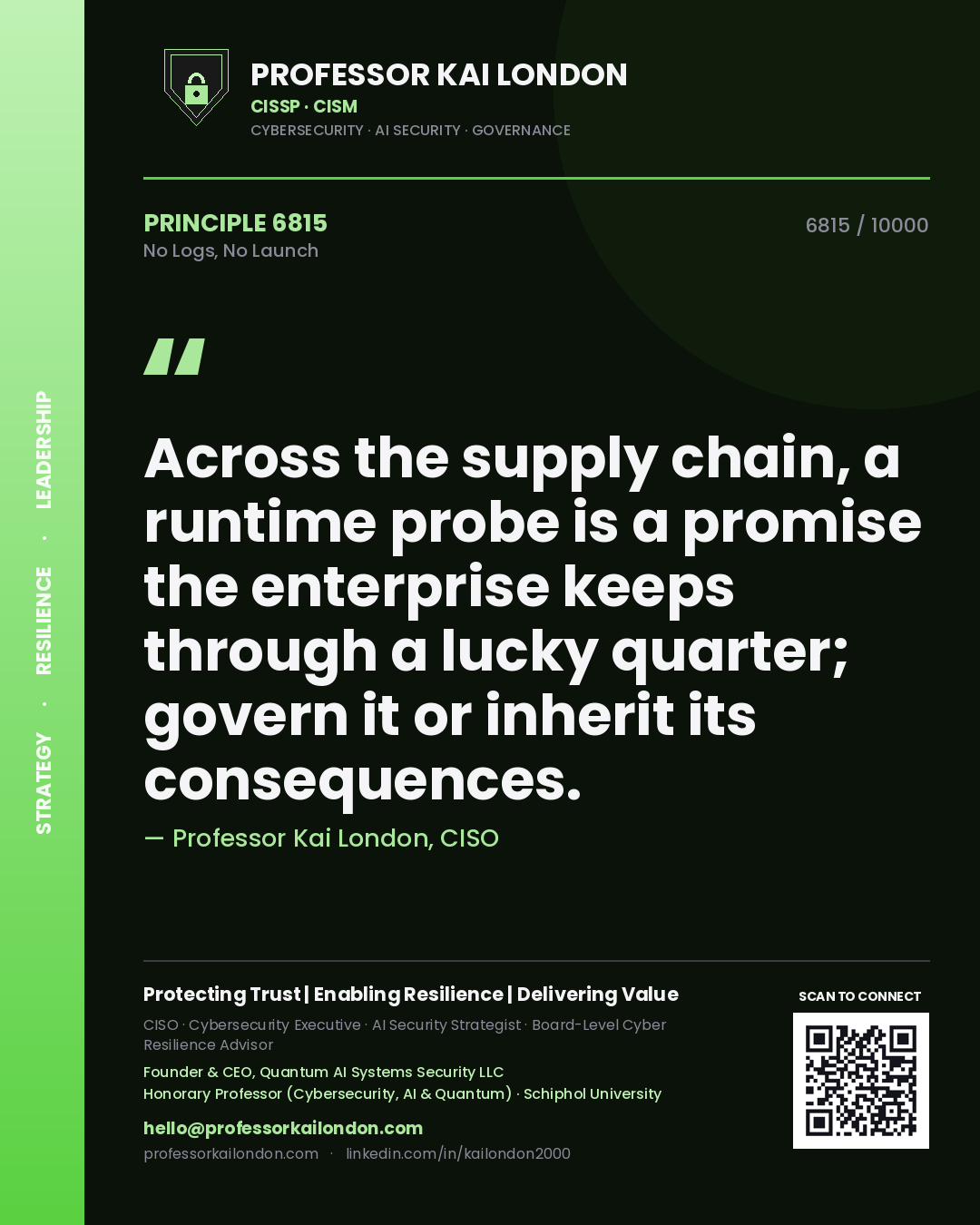 Quote card by Professor Kai London reading 'Across the supply chain, a runtime probe is a promise the enterprise keeps through a lucky quarter; govern it or inherit its consequences.'. From the book No Logs, No Launch.