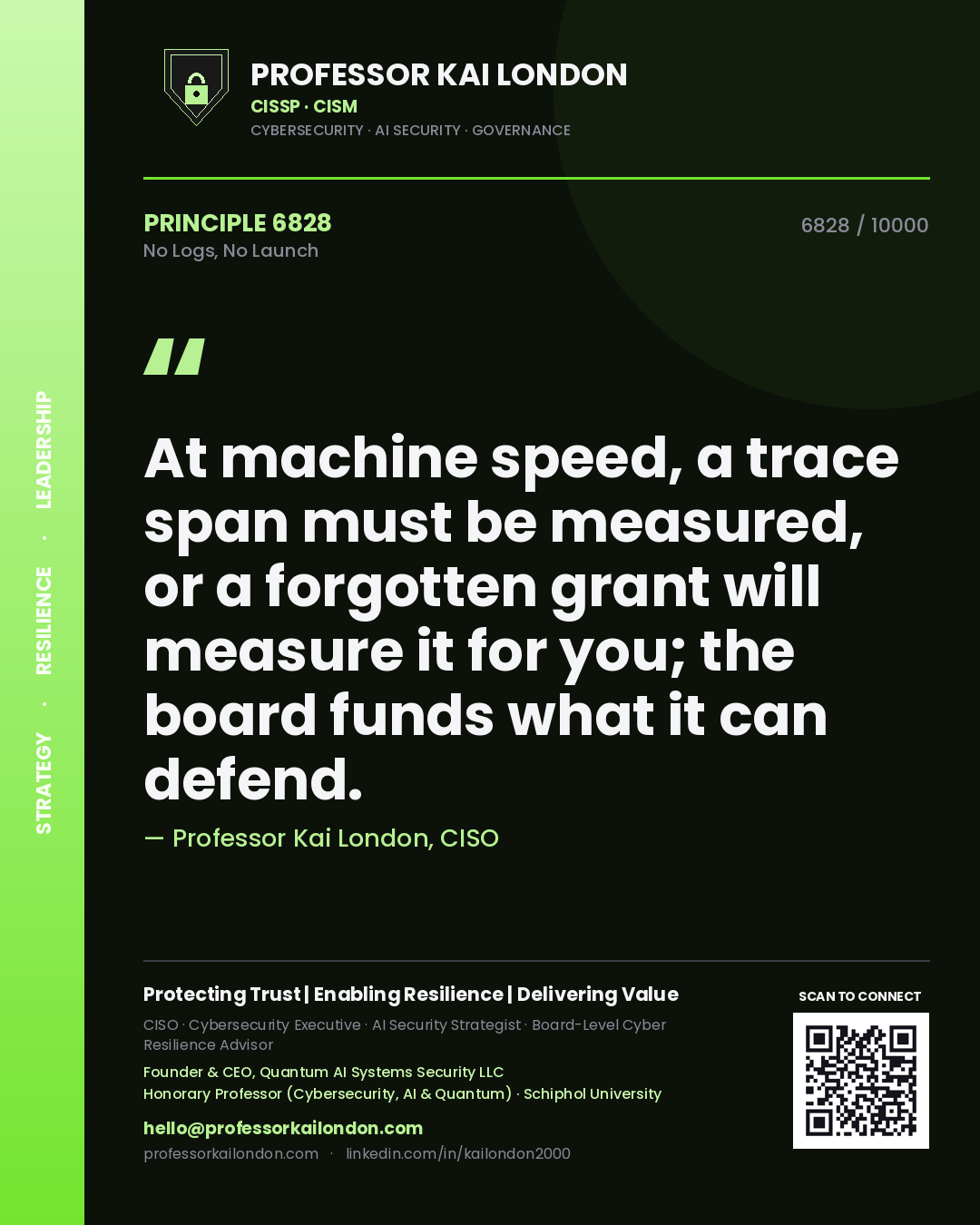 Professor Kai London principle 6828: At machine speed, a trace span must be measured, or a forgotten grant will measure it for you; the board funds what it can defend.