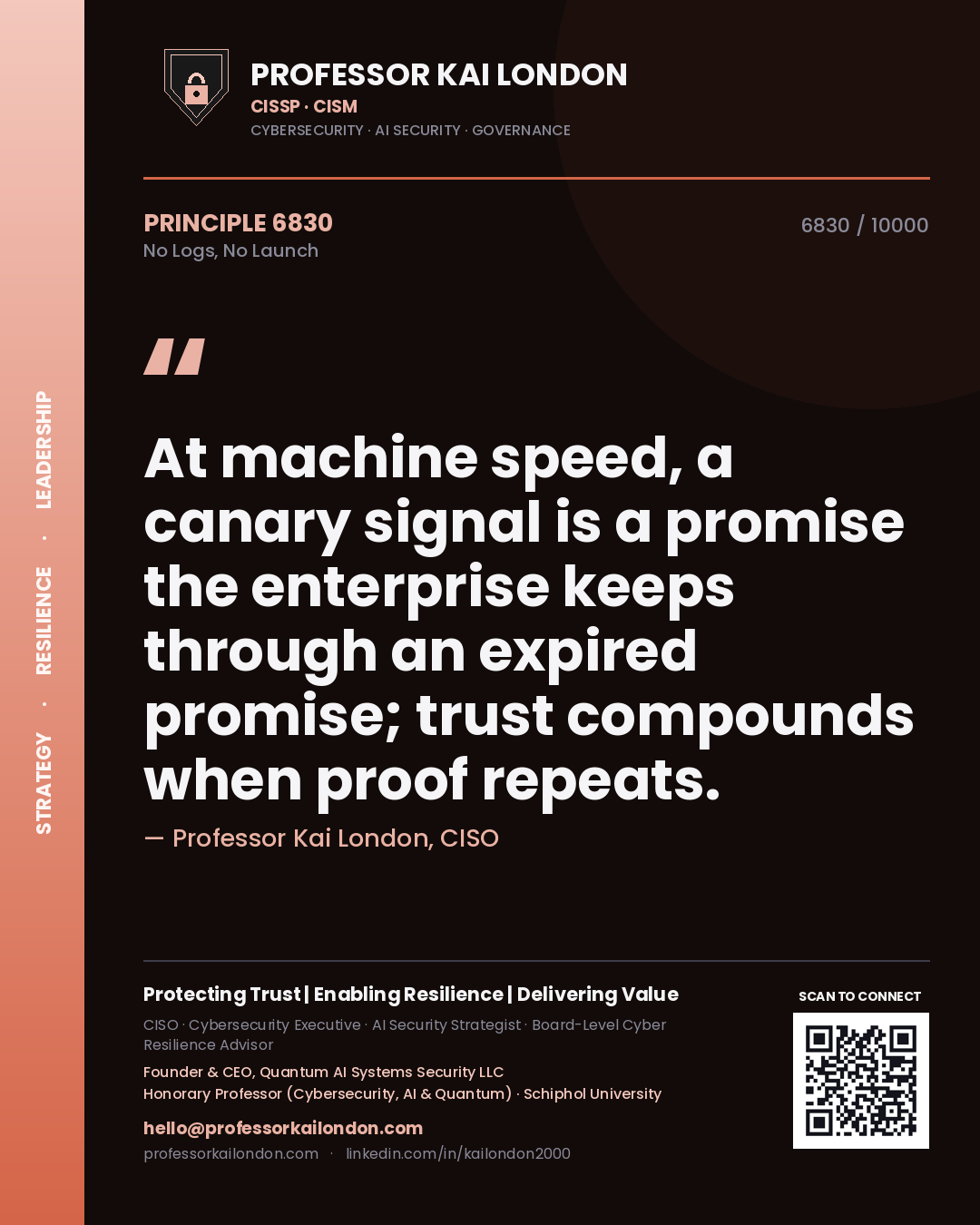 Professor Kai London principle 6830: At machine speed, a canary signal is a promise the enterprise keeps through an expired promise; trust compounds when proof repeats.
