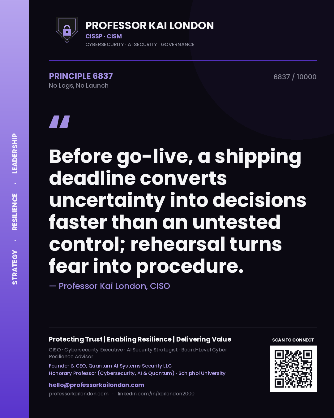 Professor Kai London principle 6837: Before go-live, a shipping deadline converts uncertainty into decisions faster than an untested control; rehearsal turns fear into procedure.