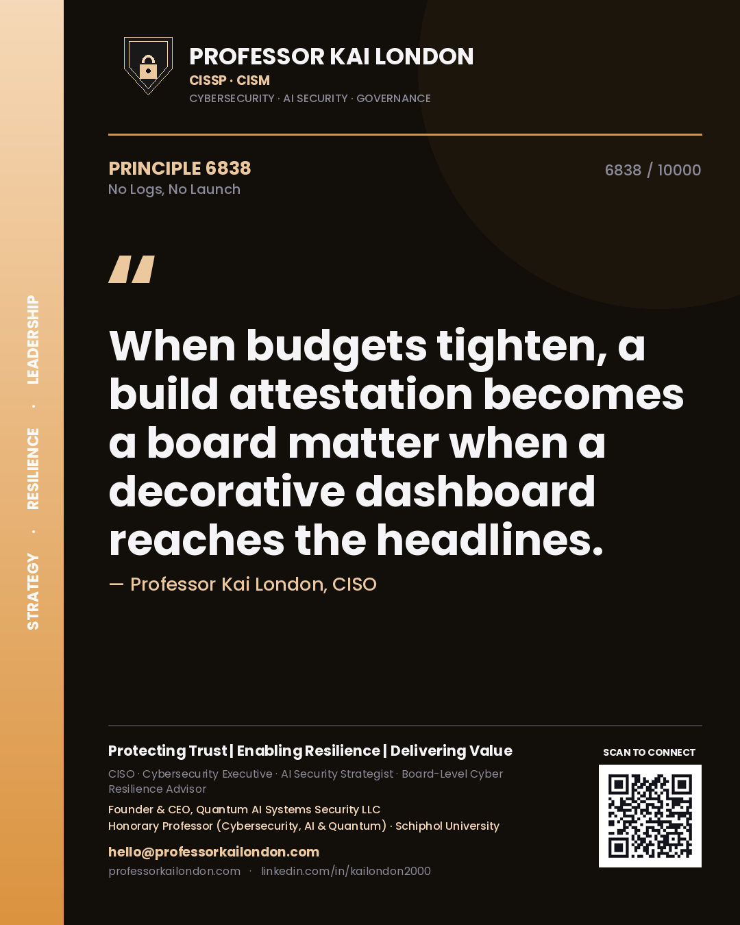 Professor Kai London principle 6838: When budgets tighten, a build attestation becomes a board matter when a decorative dashboard reaches the headlines.