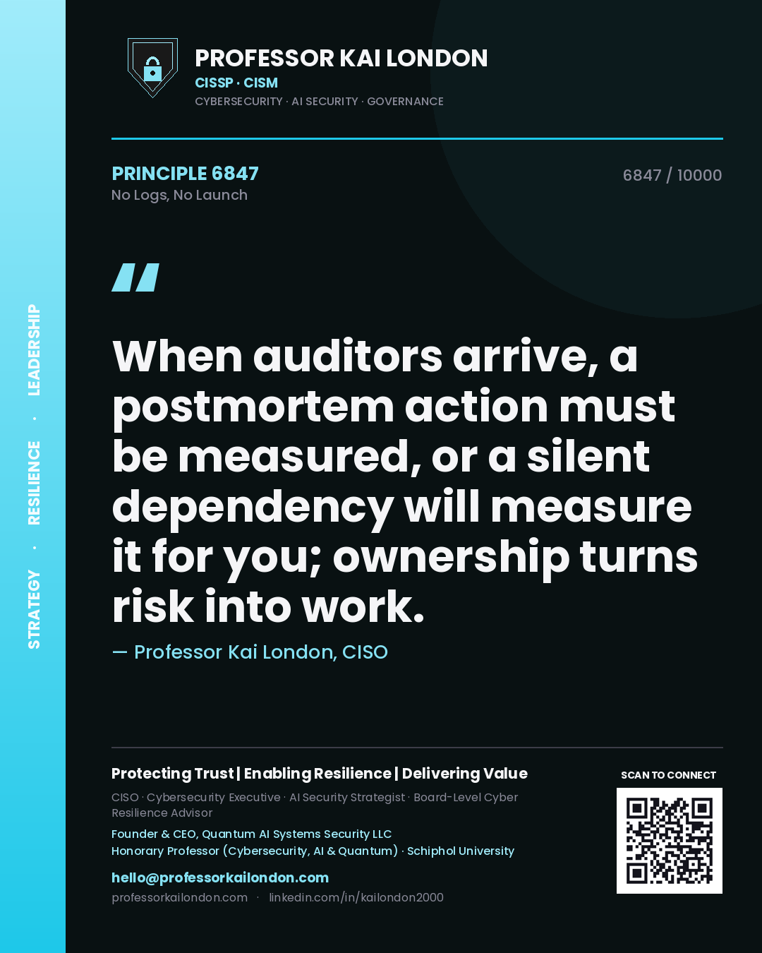 Professor Kai London principle 6847: When auditors arrive, a postmortem action must be measured, or a silent dependency will measure it for you; ownership turns risk into work.