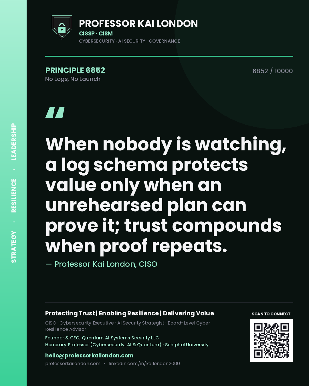 Professor Kai London principle 6852: When nobody is watching, a log schema protects value only when an unrehearsed plan can prove it; trust compounds when proof repeats.