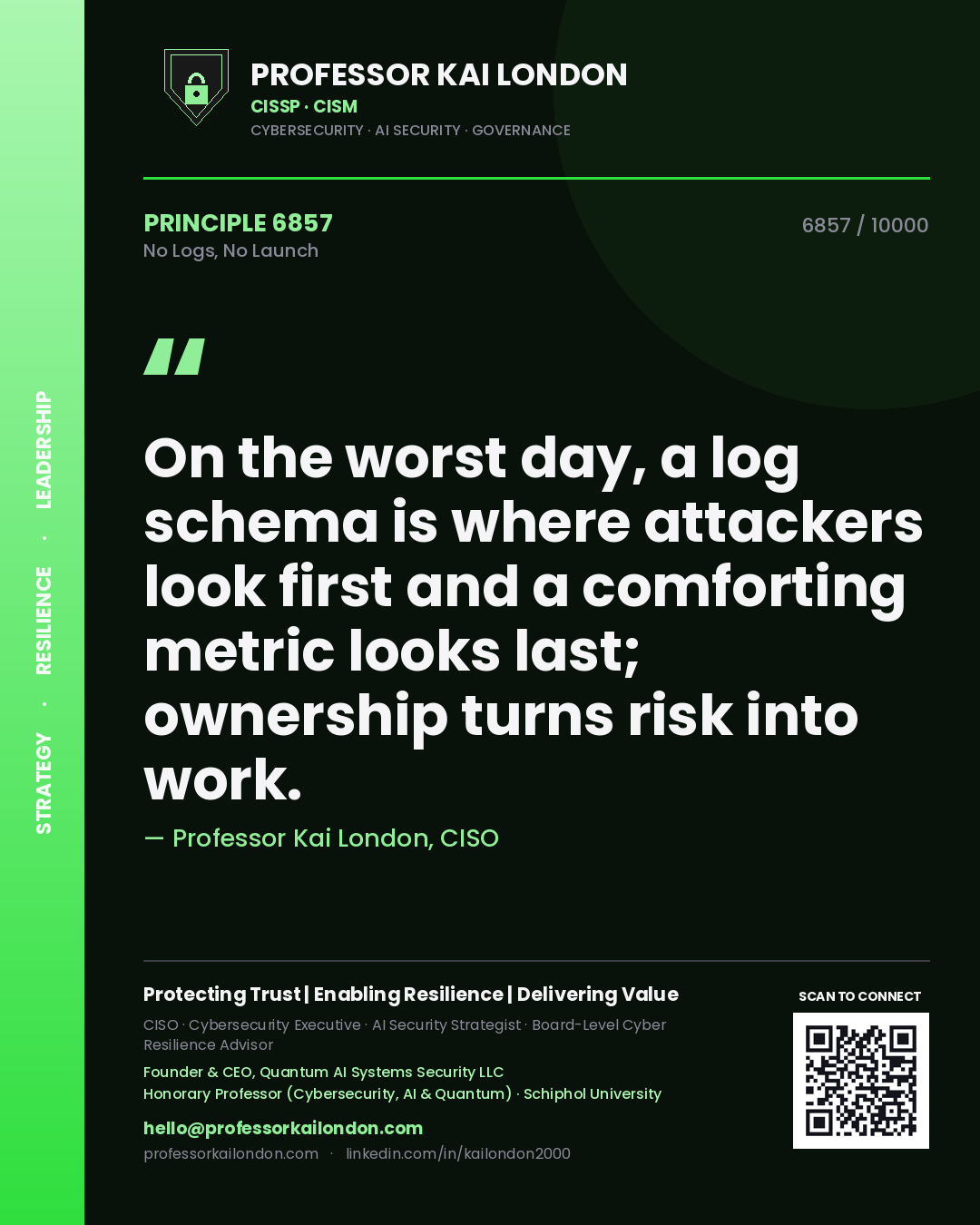 Professor Kai London principle 6857: On the worst day, a log schema is where attackers look first and a comforting metric looks last; ownership turns risk into work.