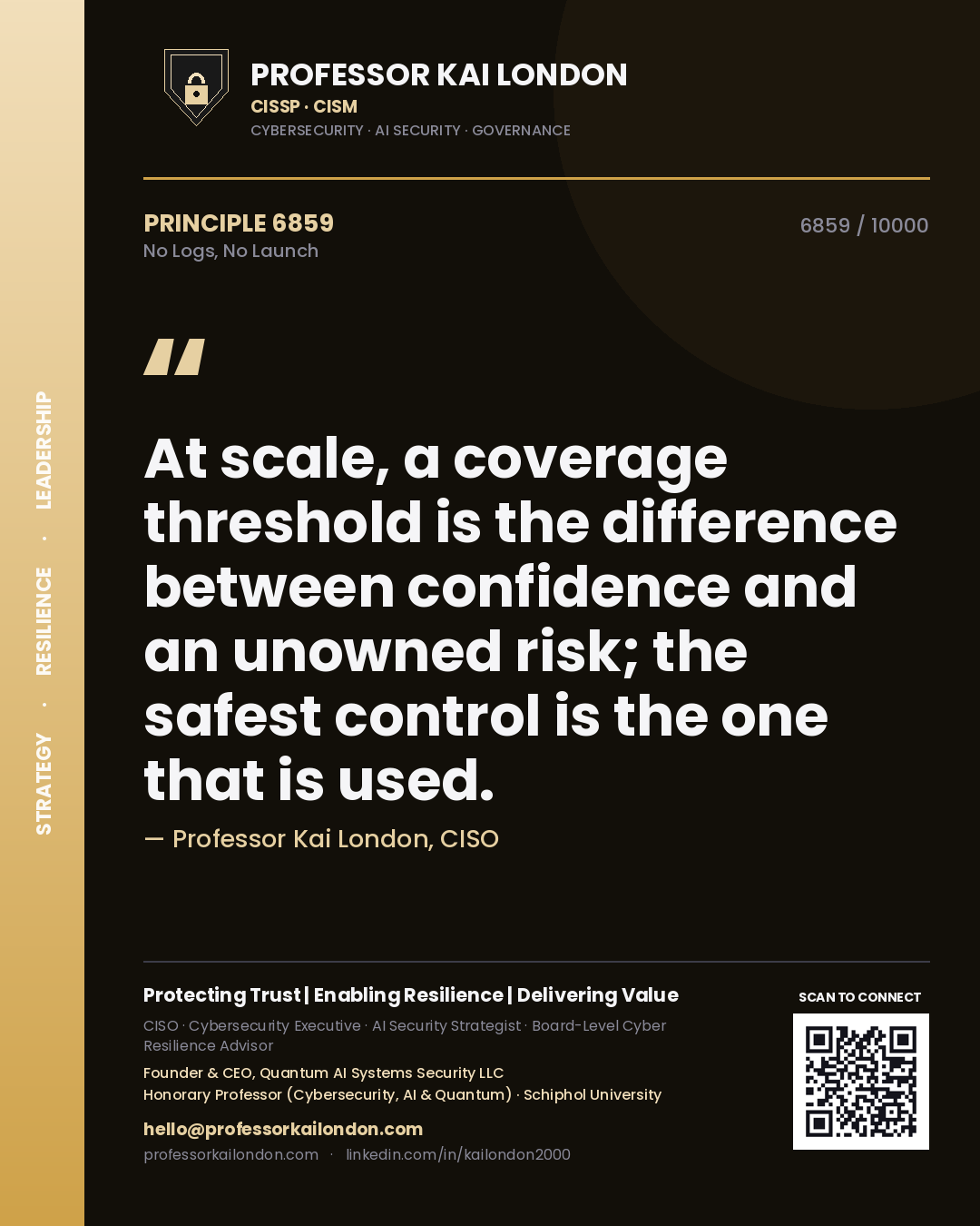 Quote card by Professor Kai London reading 'At scale, a coverage threshold is the difference between confidence and an unowned risk; the safest control is the one that is used.'. From the book No Logs, No Launch.