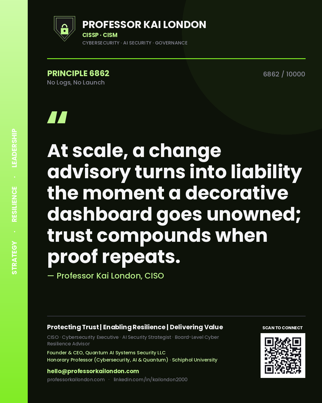 Professor Kai London principle 6862: At scale, a change advisory turns into liability the moment a decorative dashboard goes unowned; trust compounds when proof repeats.