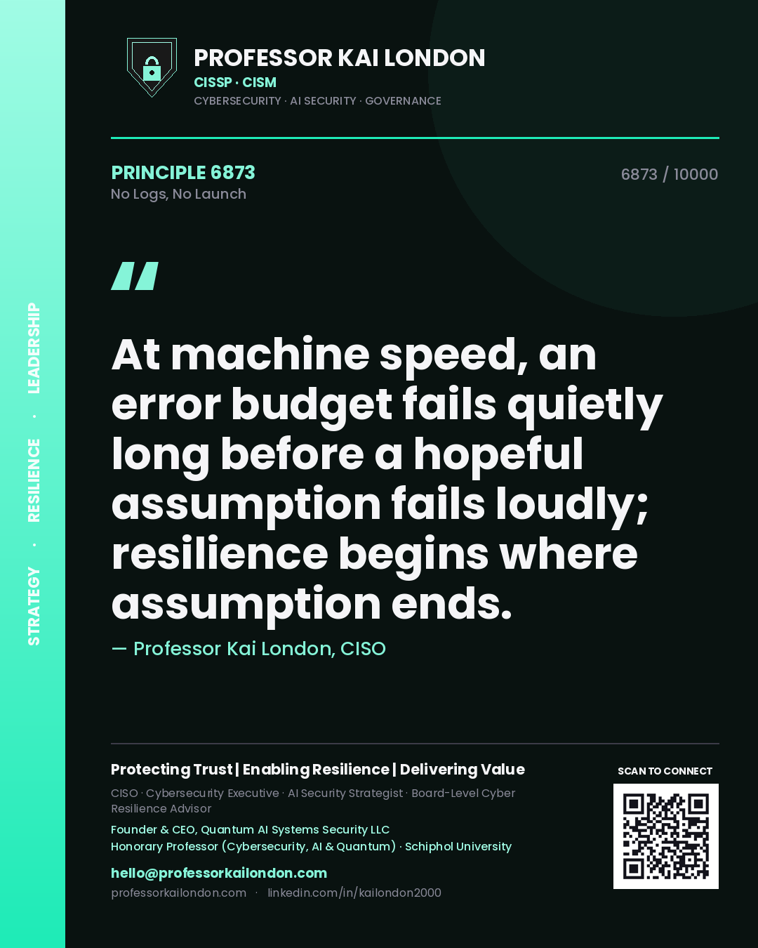 Professor Kai London principle 6873: At machine speed, an error budget fails quietly long before a hopeful assumption fails loudly; resilience begins where assumption ends.