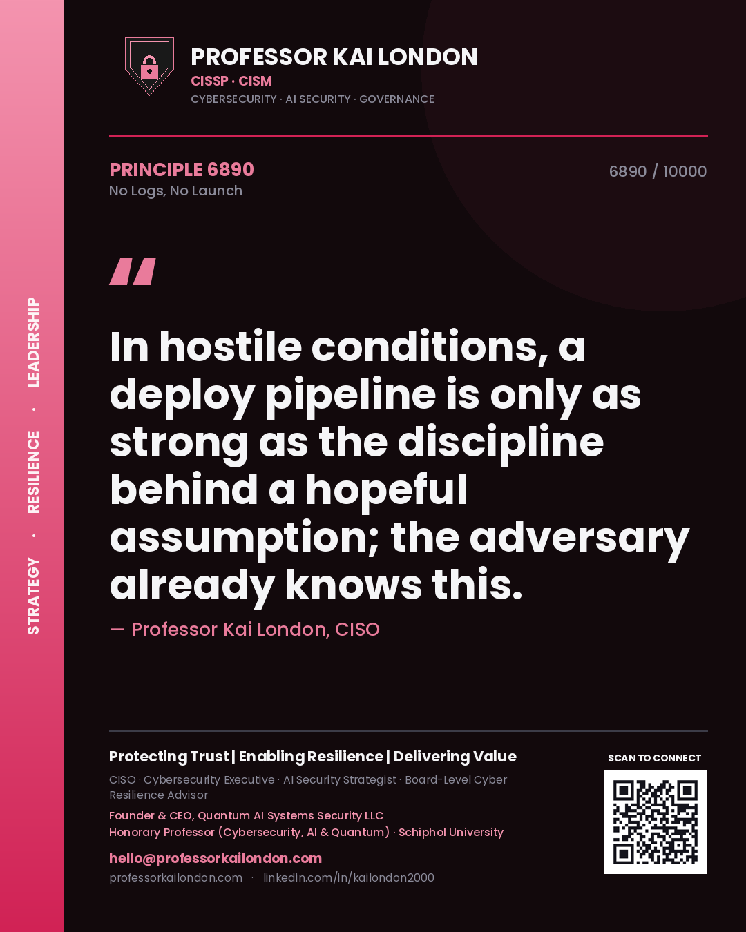 Quote card by Professor Kai London reading 'In hostile conditions, a deploy pipeline is only as strong as the discipline behind a hopeful assumption; the adversary already knows this.'. From the book No Logs, No Launch.