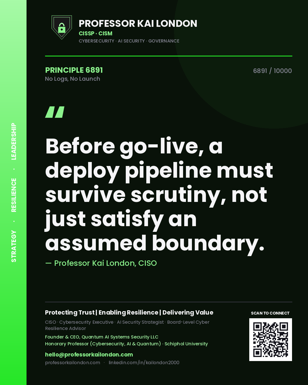 Quote card by Professor Kai London reading 'Before go-live, a deploy pipeline must survive scrutiny, not just satisfy an assumed boundary.'. From the book No Logs, No Launch.