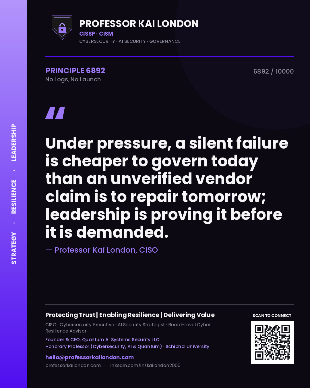 Professor Kai London principle 6892: Under pressure, a silent failure is cheaper to govern today than an unverified vendor claim is to repair tomorrow; leadership is proving it before it is demanded.